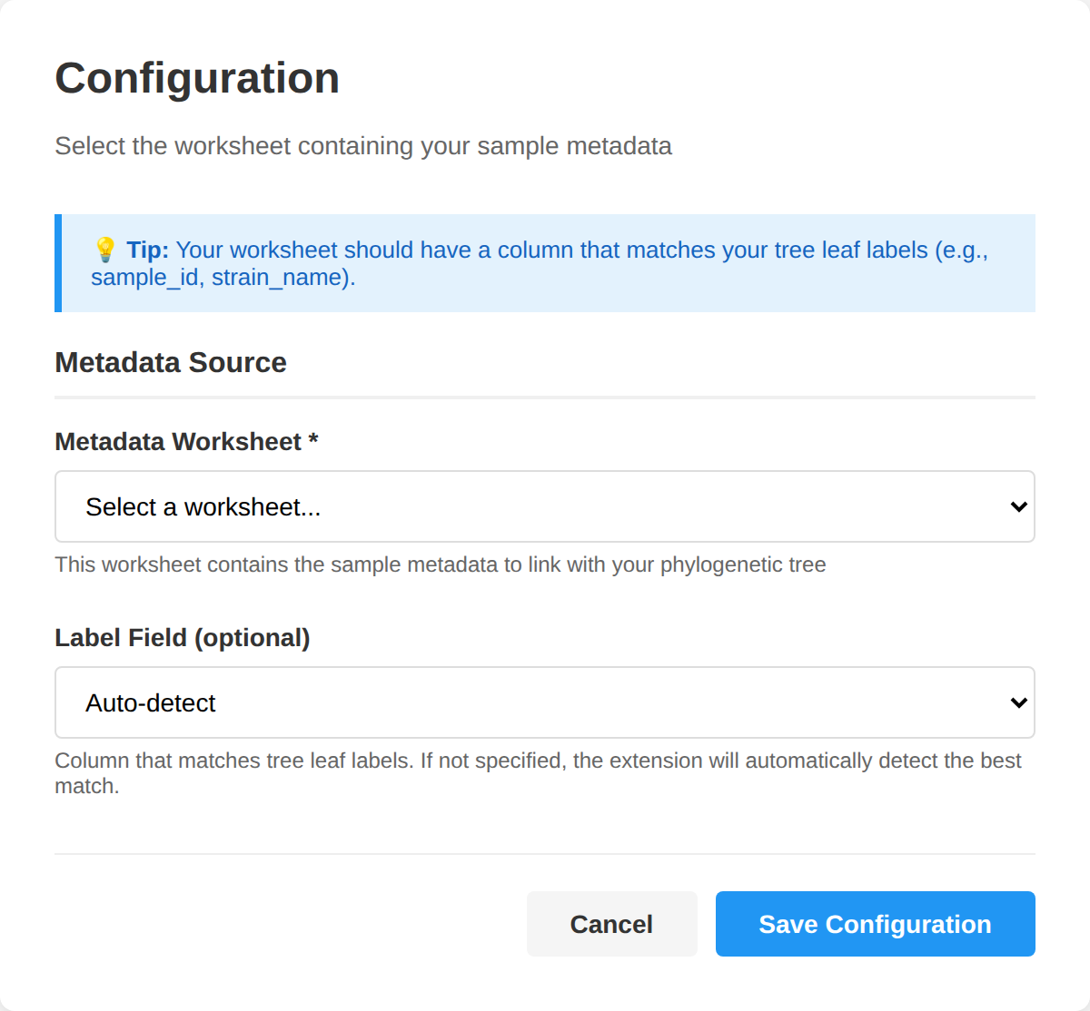 The Tableau Configuration dialog with Metadata Worksheet and Label Field dropdowns and a Save Configuration button