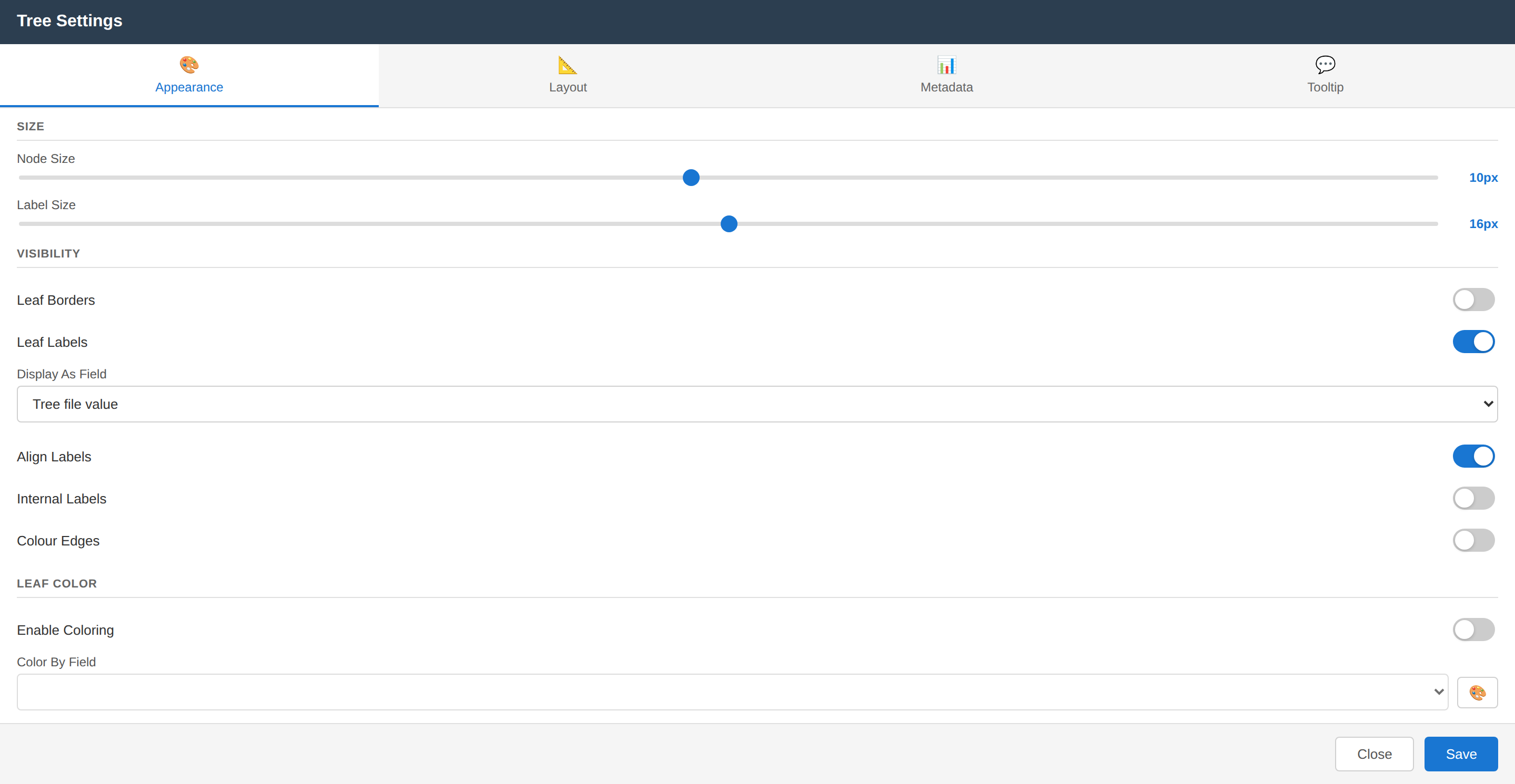 The Tableau Tree Settings dialog open on its Appearance tab, with node and label controls and colour options